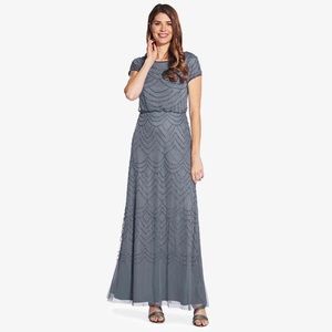 SHORT SLEEVE BEADED BLOUSON GOWN IN DUSTY BLUE